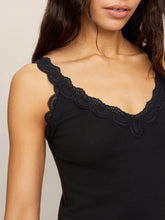Load image into Gallery viewer, Eve Lace Tank in black with scalloped lace neckline and straps, paired with high-waist wide-leg jeans - 2
