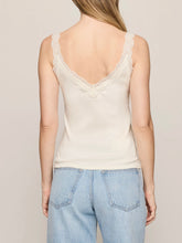 Load image into Gallery viewer, Eve Lace Tank in Sandstone cream with scalloped lace neckline, paired with light wash jeans - 2
