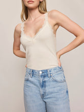 Load image into Gallery viewer, Eve Lace Tank in Sandstone cream with scalloped lace neckline, paired with light wash jeans - 4
