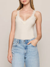 Load image into Gallery viewer, Eve Lace Tank in Sandstone cream with scalloped lace neckline, paired with light wash jeans - 1
