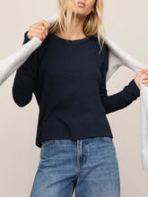 Load image into Gallery viewer, Woman wearing Junie Long Sleeve Tee in Eclipse navy blue with crew neck, paired with light wash jeans - 4
