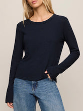 Load image into Gallery viewer, Woman wearing Junie Long Sleeve Tee in Eclipse navy blue with crew neck, paired with light wash jeans - 1
