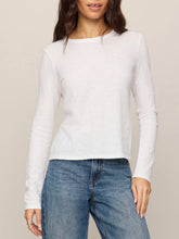 Load image into Gallery viewer, Junie white long sleeve fitted crew neck tee paired with blue denim jeans, women's boutique essential top - 1
