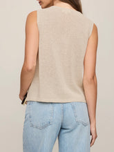 Load image into Gallery viewer, Woman wearing Syd Sweater Vest in Sandstone beige knit with button front, paired with light wash jeans - 2
