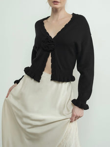 Ruffle Flower Cardigan - Black