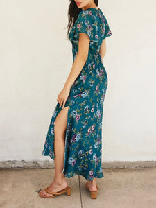 Vintage Roses Maxi Dress - Teal