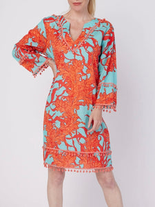 Pom Trim Dress - Turquoise/Coral