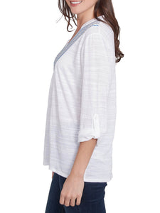 Knit Top with Embroidered Yoke - White