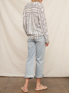 Bandana Print Long Sleeve Top - White/Navy