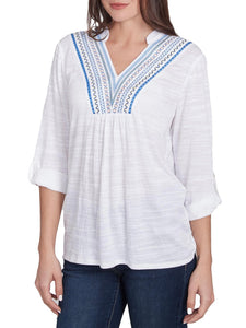 Knit Top with Embroidered Yoke - White