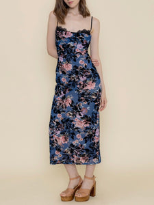 Floral Flocked Midi Dress - Blue