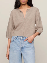 Load image into Gallery viewer, Woman wearing Valor Cardigan in Neutral Heather, cropped cashmere knit with button front and 3/4 sleeves, paired with je - 1
