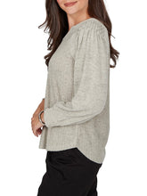 Load image into Gallery viewer, Womens oatmeal marled ribbed knit U-neck top with puff sleeves and cable shoulder detail - 4
