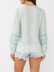 Embroidered Lace Trim Top - Aqua