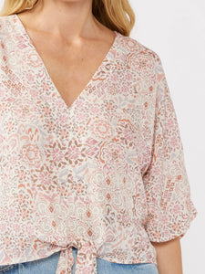 Tie Front Kimono Sleeve Top - Dusty Pink