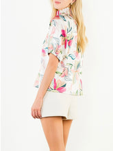 Load image into Gallery viewer, Womens floral satin blouse pink off white with striped band collar puff sleeves paired with mini skirt - 5
