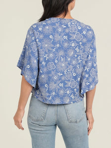 Kimono Sleeve Tie Front Top - Blue