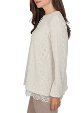 Load image into Gallery viewer, Oatmeal chevron knit long sleeve top with keyhole neckline and layered lace hem cami, paired with dark jeans - 5

