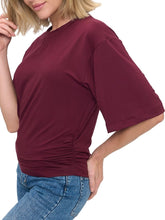 Load image into Gallery viewer, Woman wearing oversized wine burgundy ruched waist tee with half sleeves paired with blue jeans - 4
