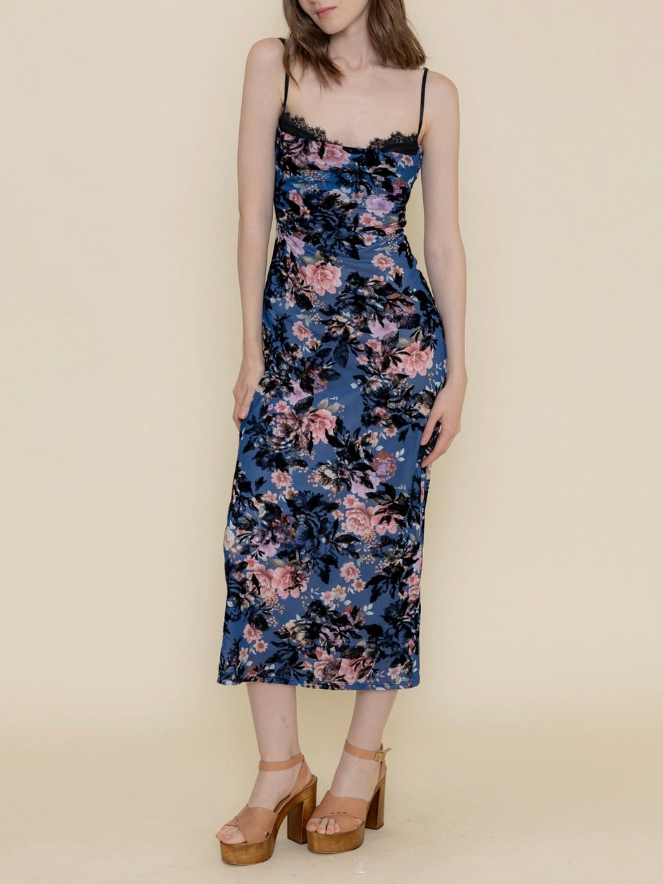 Floral Flocked Midi Dress - Blue