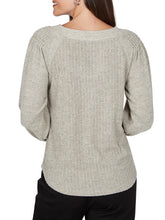 Load image into Gallery viewer, Womens oatmeal marled ribbed knit U-neck top with puff sleeves and cable shoulder detail - 2
