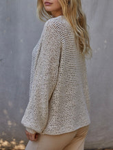 Load image into Gallery viewer, Woman wearing natural beige open knit boat neck sweater with wide brim hat and cream ribbed pants - 3

