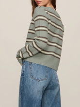 Load image into Gallery viewer, Medina striped cardigan in sage green with cream and brown stripes, button-front knit style paired with blue jeans - 3
