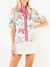 Load image into Gallery viewer, Womens floral satin blouse pink off white with striped band collar puff sleeves paired with mini skirt - 6
