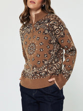 Load image into Gallery viewer, Caramel bandana jacquard knit half-zip pullover sweater with paisley pattern and gold zipper detail - 2

