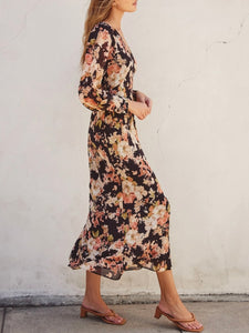 Floral Long Sleeve Midi Dress - Black Floral