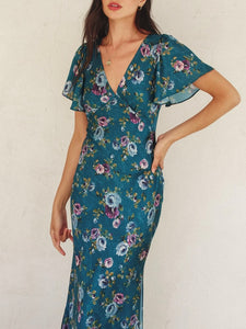 Vintage Roses Maxi Dress - Teal