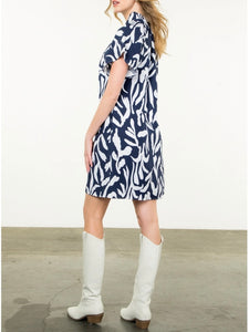 Ruffle Neck Dress - Navy/White