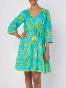 Tiered Drawstring Dress - Aqua/Lime