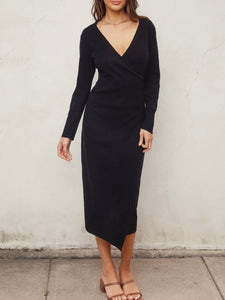 Surplice Sweater Midi Dress - Black