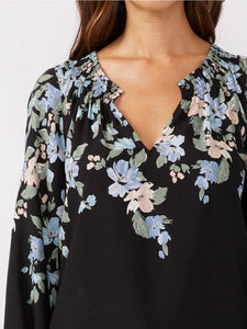 Floral Smock Neck Top - Black