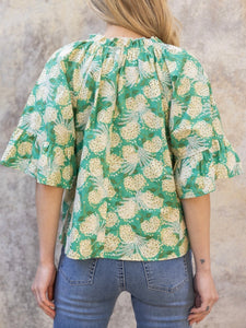 Embroidered Cotton Floral Top - Green