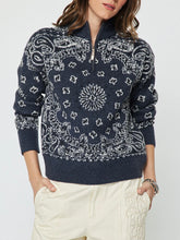 Load image into Gallery viewer, Navy blue bandana print knit half zip pullover sweater with paisley pattern on woman model - 1
