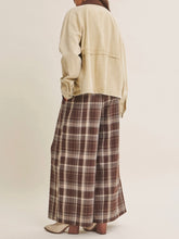 Load image into Gallery viewer, Womens beige twill field jacket with brown corduroy collar, snap buttons, and front pockets styled with plaid skirt - 4
