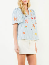 Load image into Gallery viewer, Beach Embroidered Stripe Top - Blue/Off White
