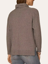 Load image into Gallery viewer, Woman wearing taupe cable knit cowl neck lightweight sweater with satin tie detail and long sleeves paired with jeans - 3
