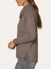 Load image into Gallery viewer, Woman wearing taupe cable knit cowl neck lightweight sweater with satin tie detail and long sleeves paired with jeans - 2
