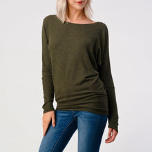 Load image into Gallery viewer, Women's olive brushed dolman long sleeve top with wide neckline paired with blue skinny jeans - 2
