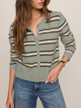 Load image into Gallery viewer, Medina striped cardigan in sage green with cream and brown stripes, button-front knit style paired with blue jeans - 1
