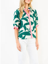 Load image into Gallery viewer, Silky Geo Top in green and white tropical leaf print with pink contrast trim, button-front, 3/4 sleeves - 7
