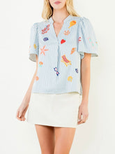 Load image into Gallery viewer, Beach Embroidered Stripe Top - Blue/Off White
