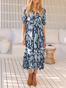 Bordeaux Print Midi Dress - Blue