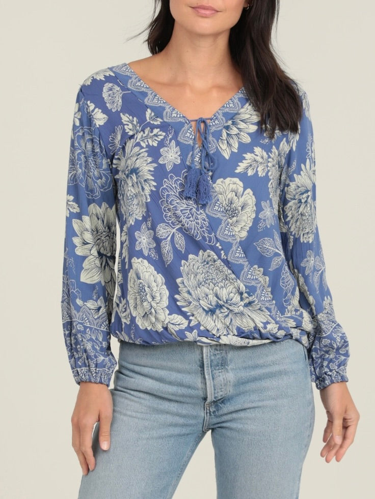 Tie Neck Surplice Top - Blue/Cream