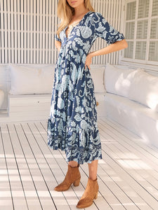 Bordeaux Print Midi Dress - Blue