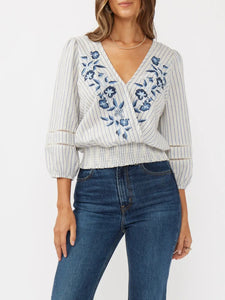 Smock Waist Surplice Top - Blue