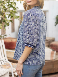 Eyelet Top with Scalloped Sleeve Band - Navy